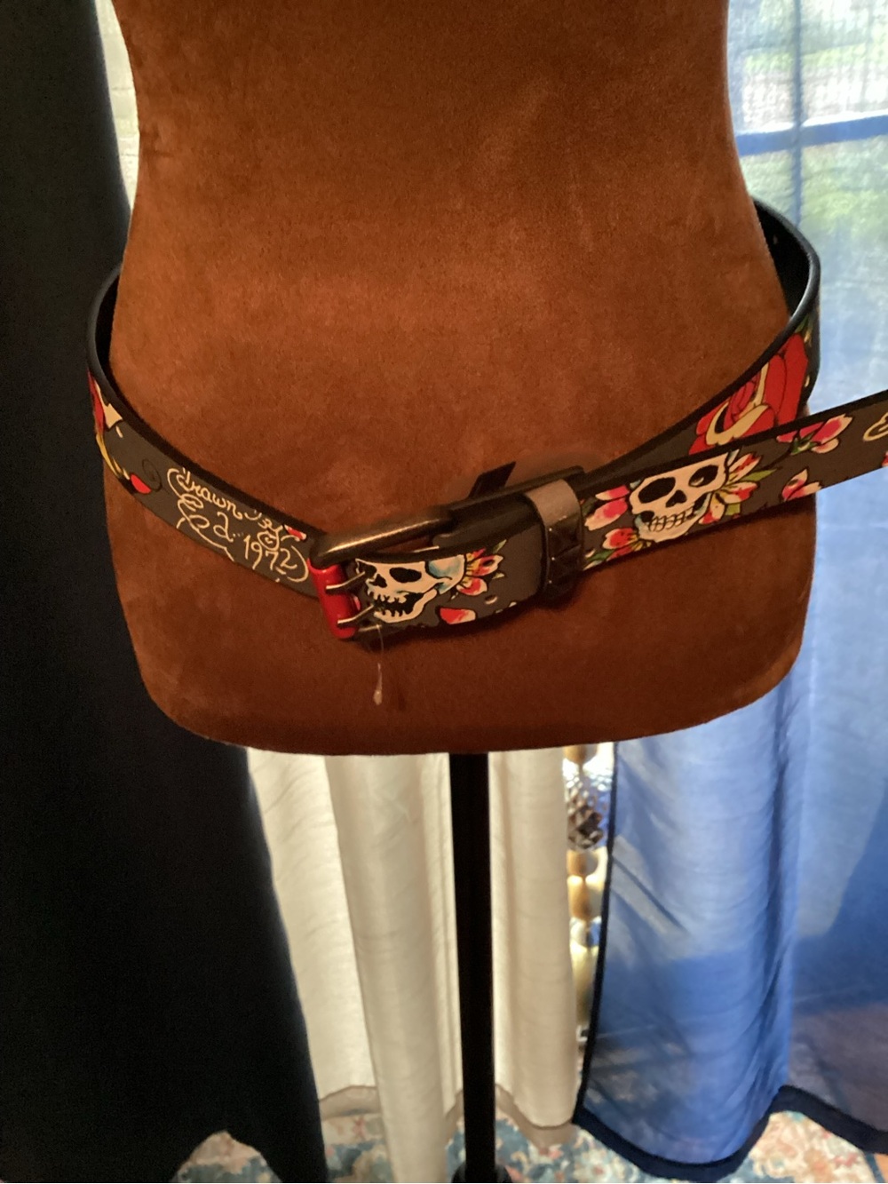 NWOT Ed Hardy Unisex Black Belt with Colorful Floral Skull Motif